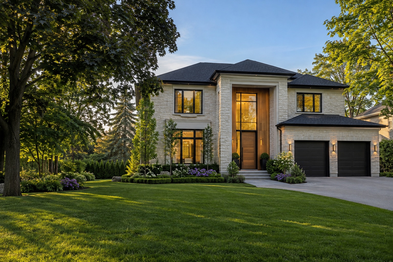 Illustrative modern stone and timber home