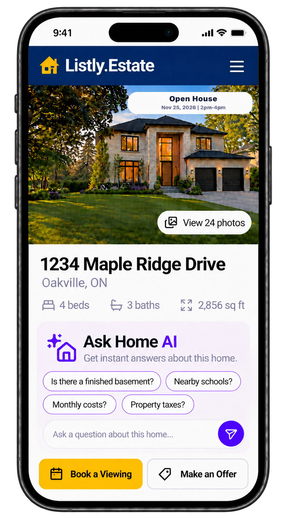 Listly.Estate phone preview showing 1234 Maple Ridge Drive, Ask Home AI, Book a Viewing and Make an Offer